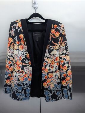 BCBGMAXAZRIA "Andres" Floral Tuxedo-Inspired Blazer in a vibrant "Black Combo"